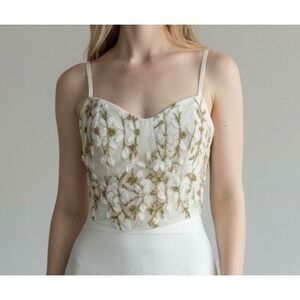 Floral Embroidered Corset Top Gold Accents Sleeveless‎ Party White Size Medium